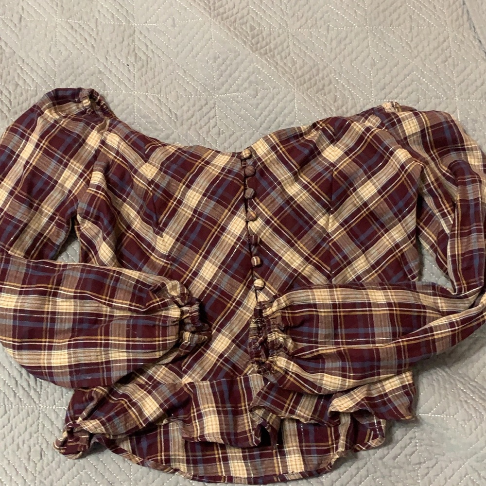 Plaid off the shoulder shirt